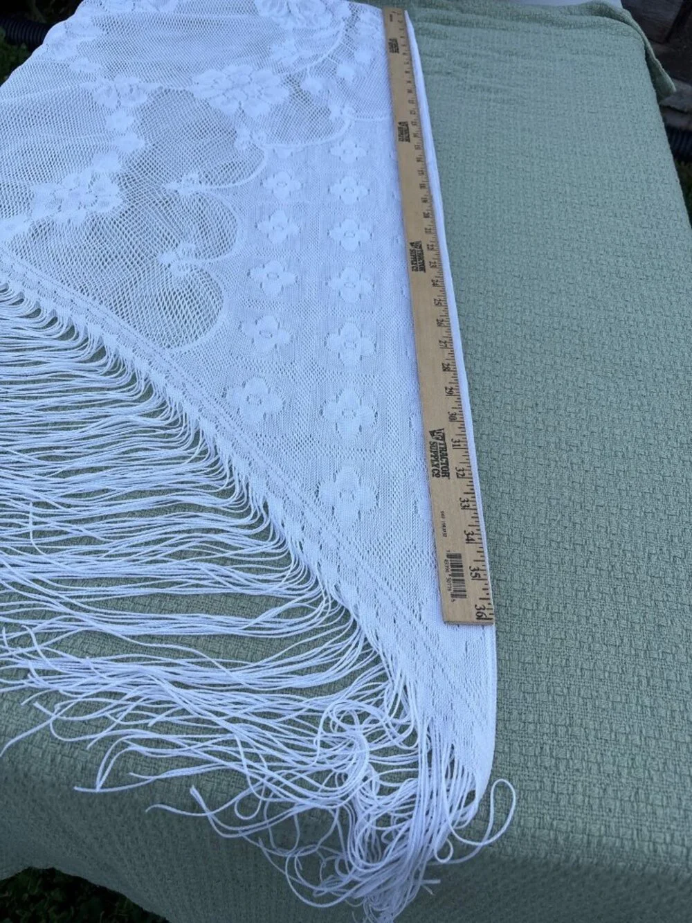 Vtg White Lace Triangle Shawl Fringe Floral Cottage Core Country Dressy Wrap